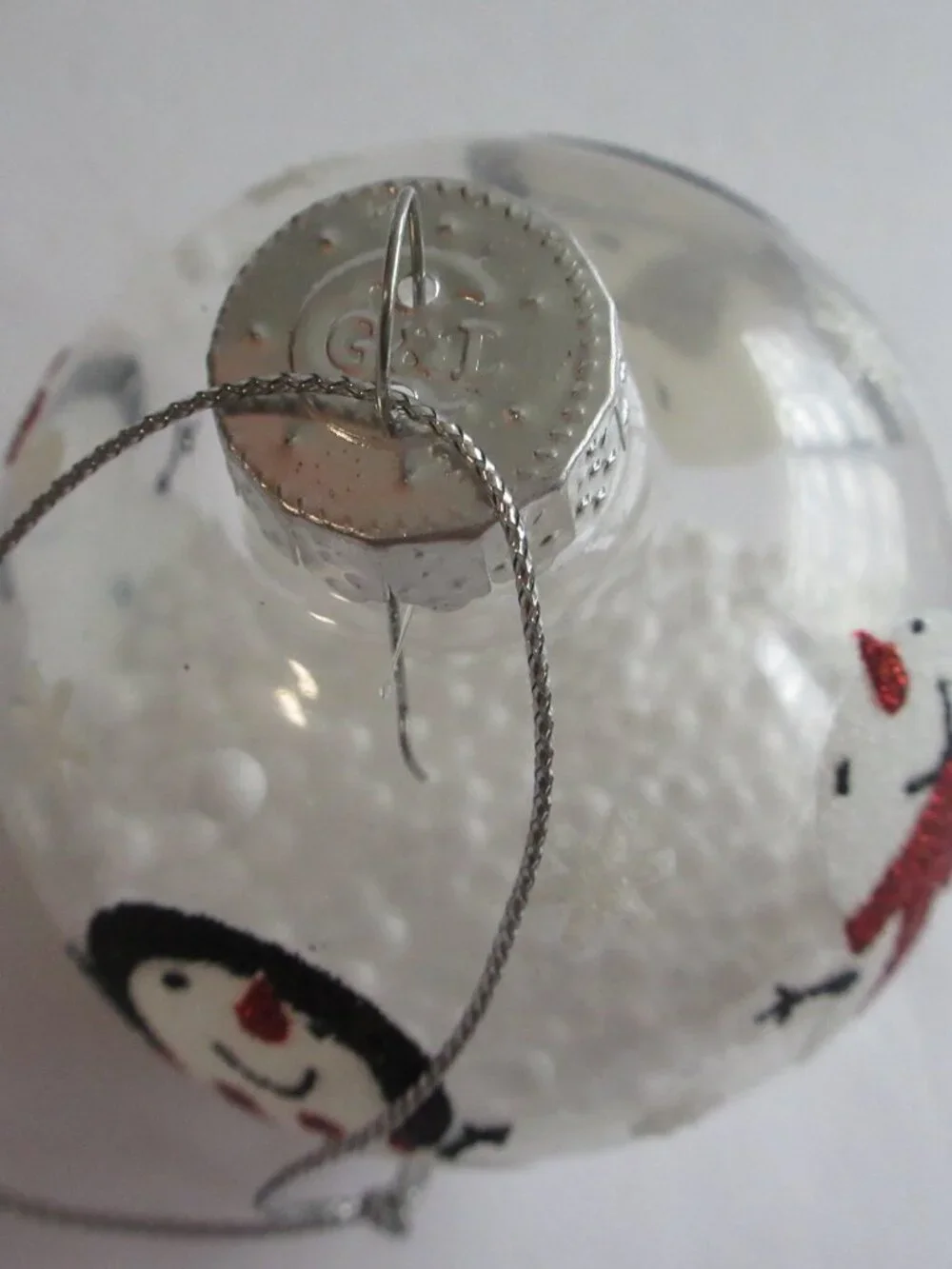 Bronner's Snowmen on Clear Glass Christmas Ornament G&L Cap Faux Snow Beads